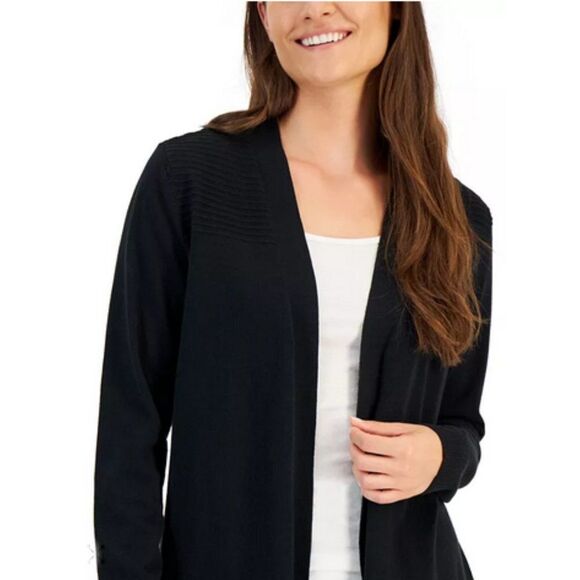 KAREN SCOTT Ottoman-Knit Long Line Open Cardigan Duster Ribbed Black Sz S NWT - Picture 14 of 15